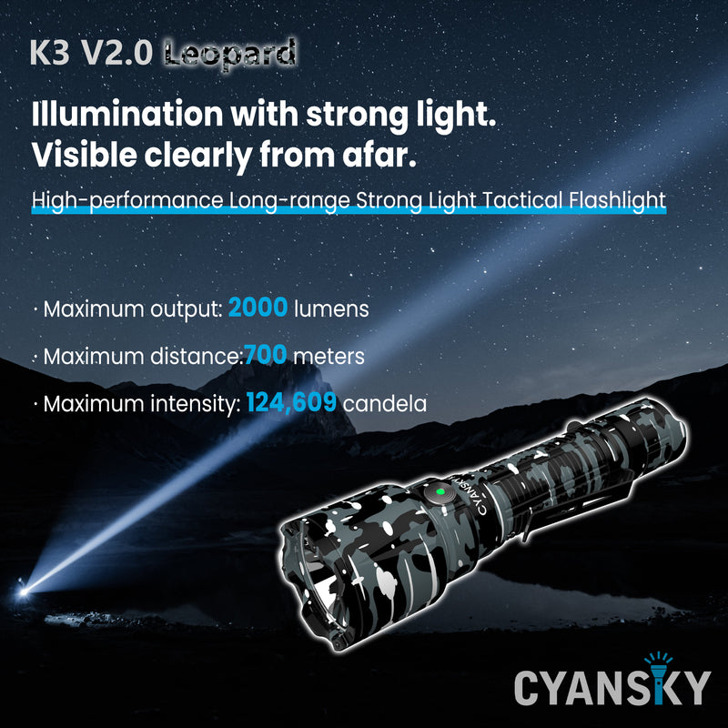 Cyansky K3 V2.0 Long Range Tactical Flashlight 2000 Lumens (Leopard Camo)