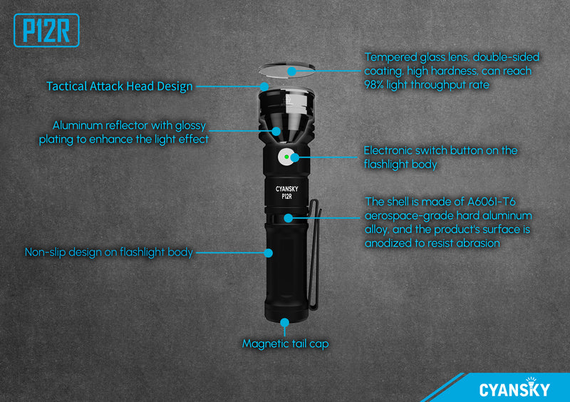 Cyansky P12R Multifunctional Rechargeable EDC Flashlight (Black & Green)